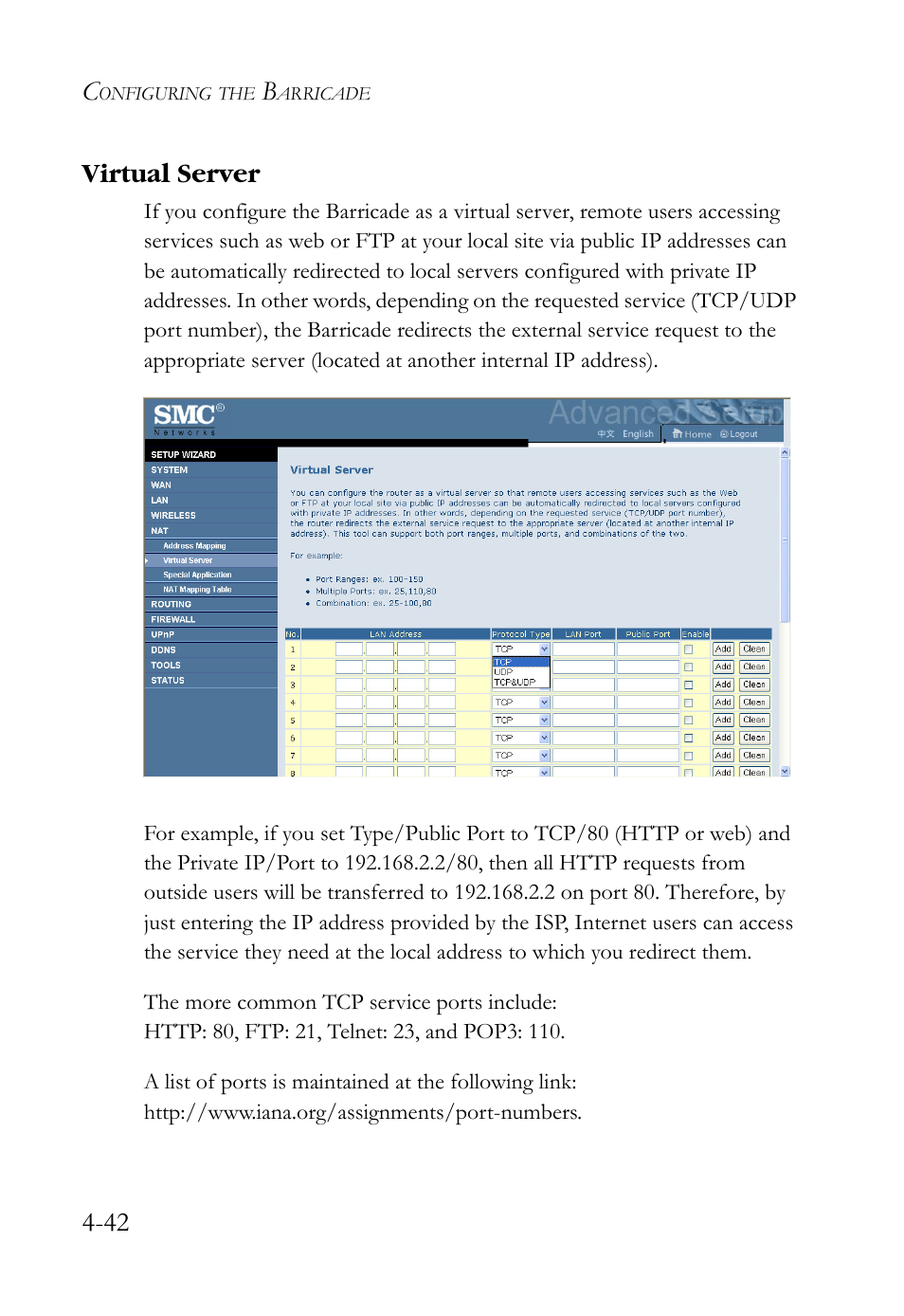 Virtual server, Virtual server -42, 42 virtual server | SMC Networks SMCWBR14S-N2 User Manual | Page 94 / 136