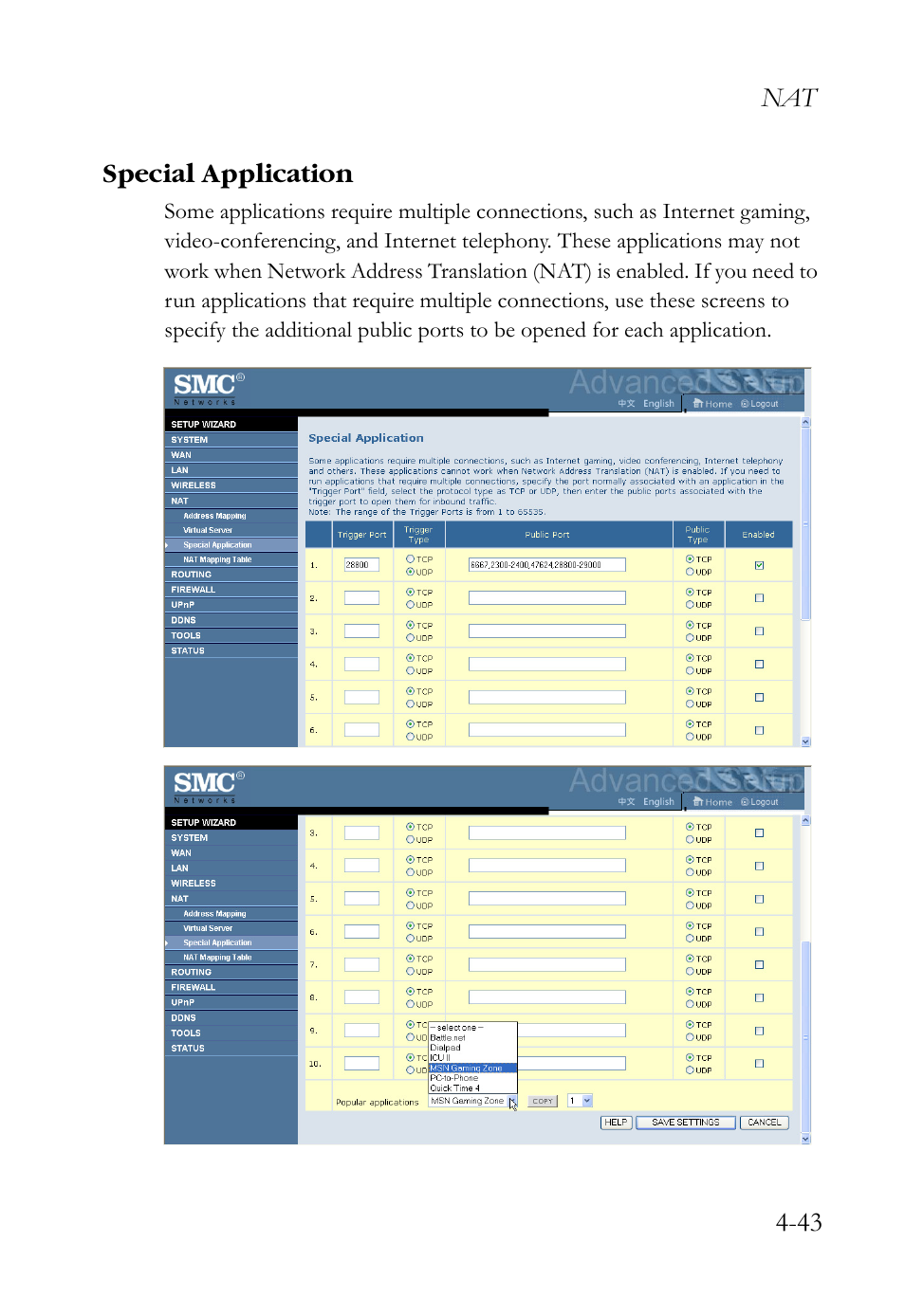 Special application, Special application -43, Nat 4-43 special application | SMC Networks SMCWBR14S-N2 User Manual | Page 95 / 136