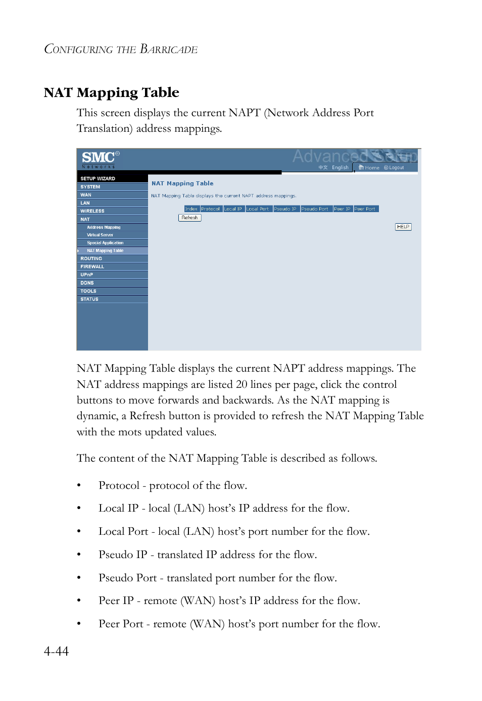 Nat mapping table, Nat mapping table -44, 44 nat mapping table | SMC Networks SMCWBR14S-N2 User Manual | Page 96 / 136