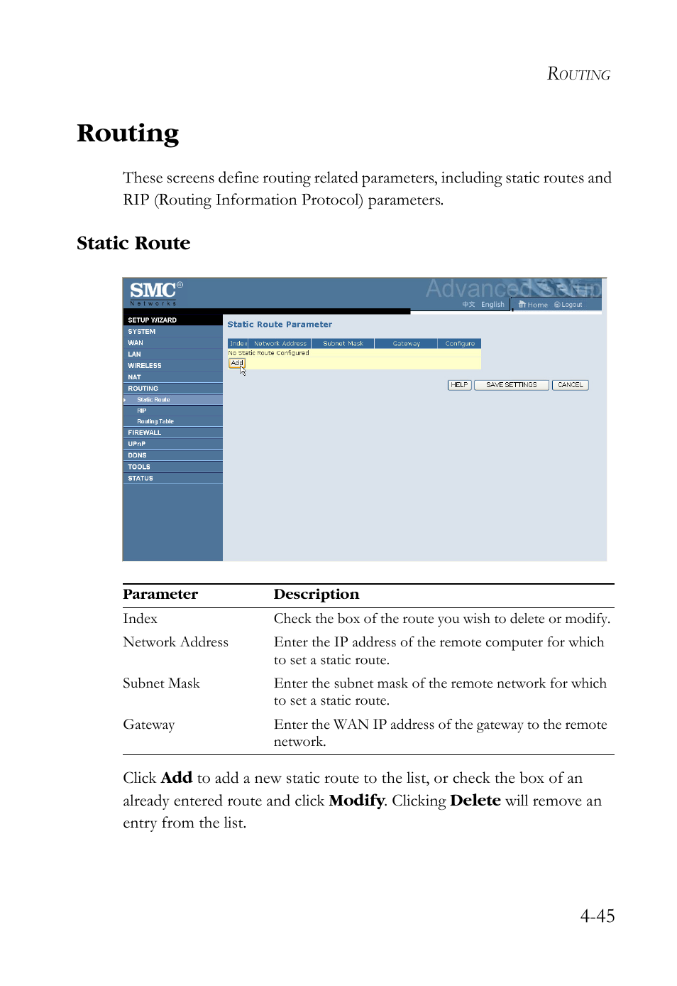 Routing, Static route, Routing -45 | Static route -45 | SMC Networks SMCWBR14S-N2 User Manual | Page 97 / 136