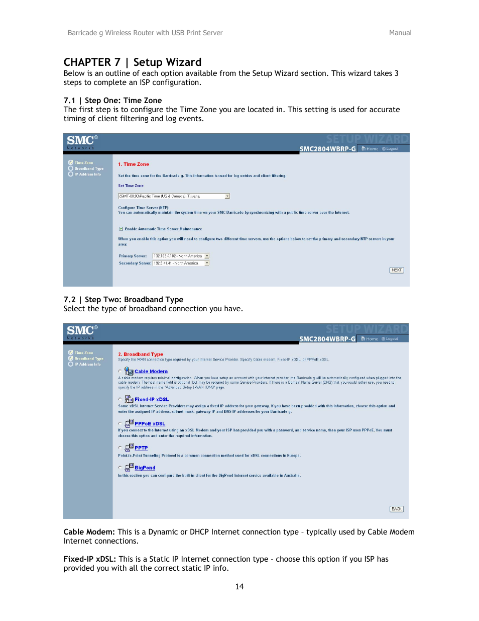 Chapter 7 | setup wizard | SMC Networks Barricade SMC2804WBRP-G User Manual | Page 14 / 70