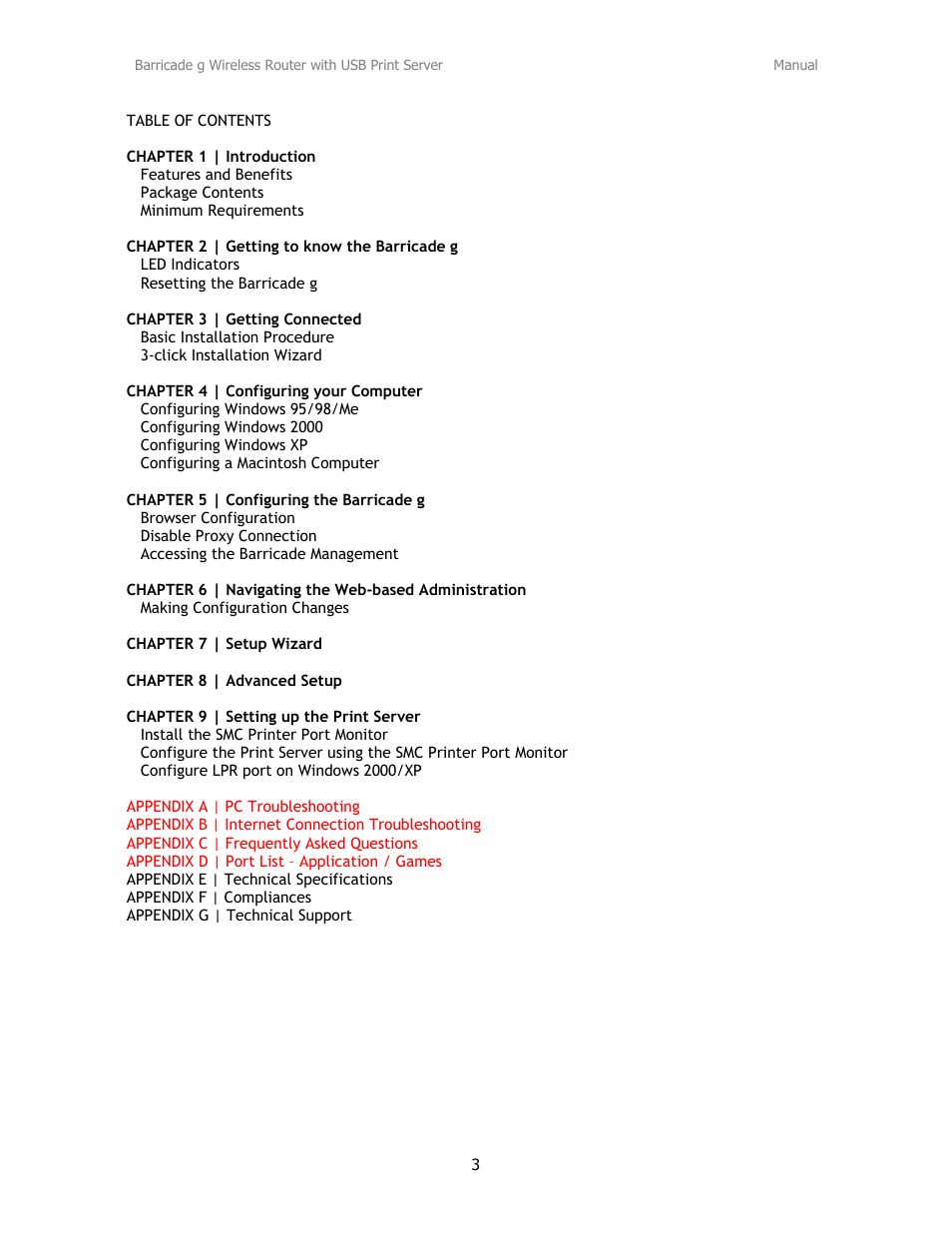 Appendix e | technical specifications | SMC Networks Barricade SMC2804WBRP-G User Manual | Page 3 / 70