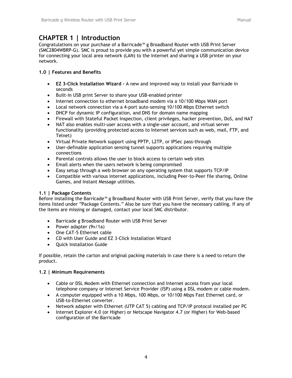 Chapter 1 | introduction | SMC Networks Barricade SMC2804WBRP-G User Manual | Page 4 / 70