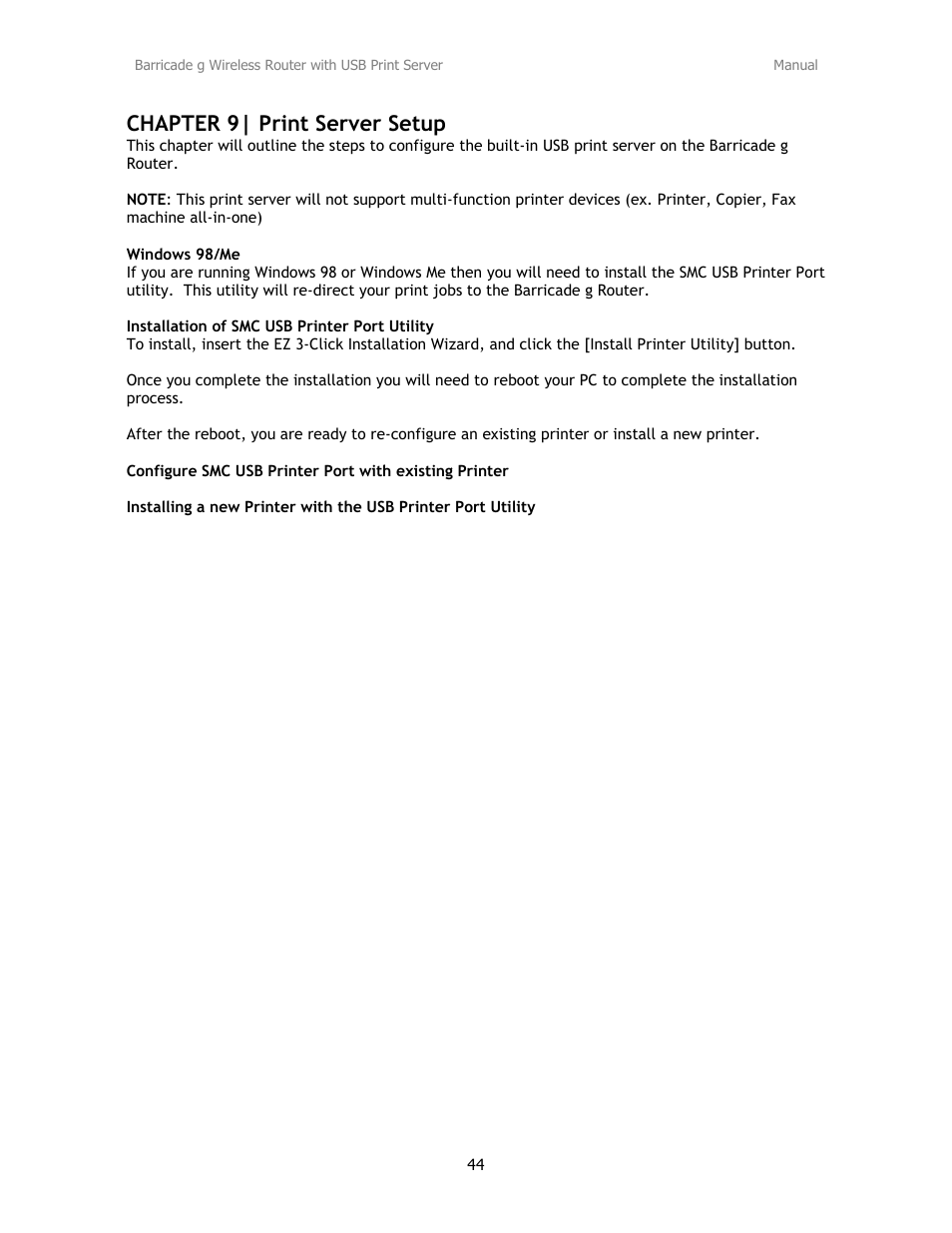 Chapter 9| print server setup | SMC Networks Barricade SMC2804WBRP-G User Manual | Page 44 / 70