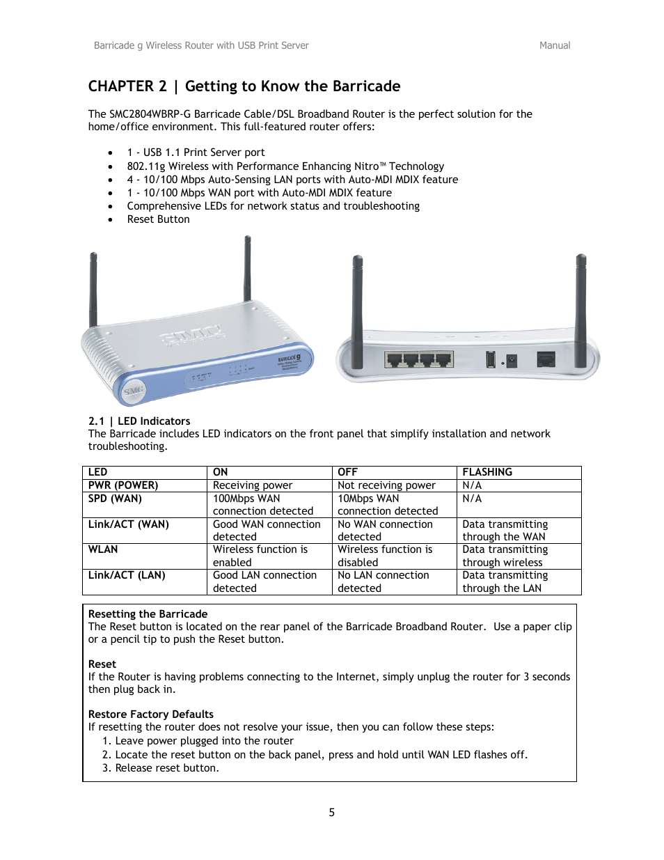 Chapter 2 | getting to know the barricade | SMC Networks Barricade SMC2804WBRP-G User Manual | Page 5 / 70