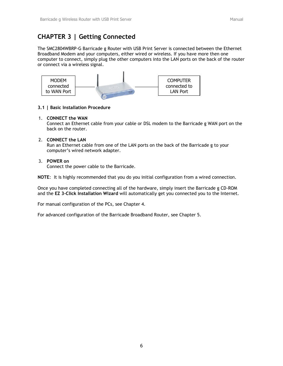 Chapter 3 | getting connected | SMC Networks Barricade SMC2804WBRP-G User Manual | Page 6 / 70