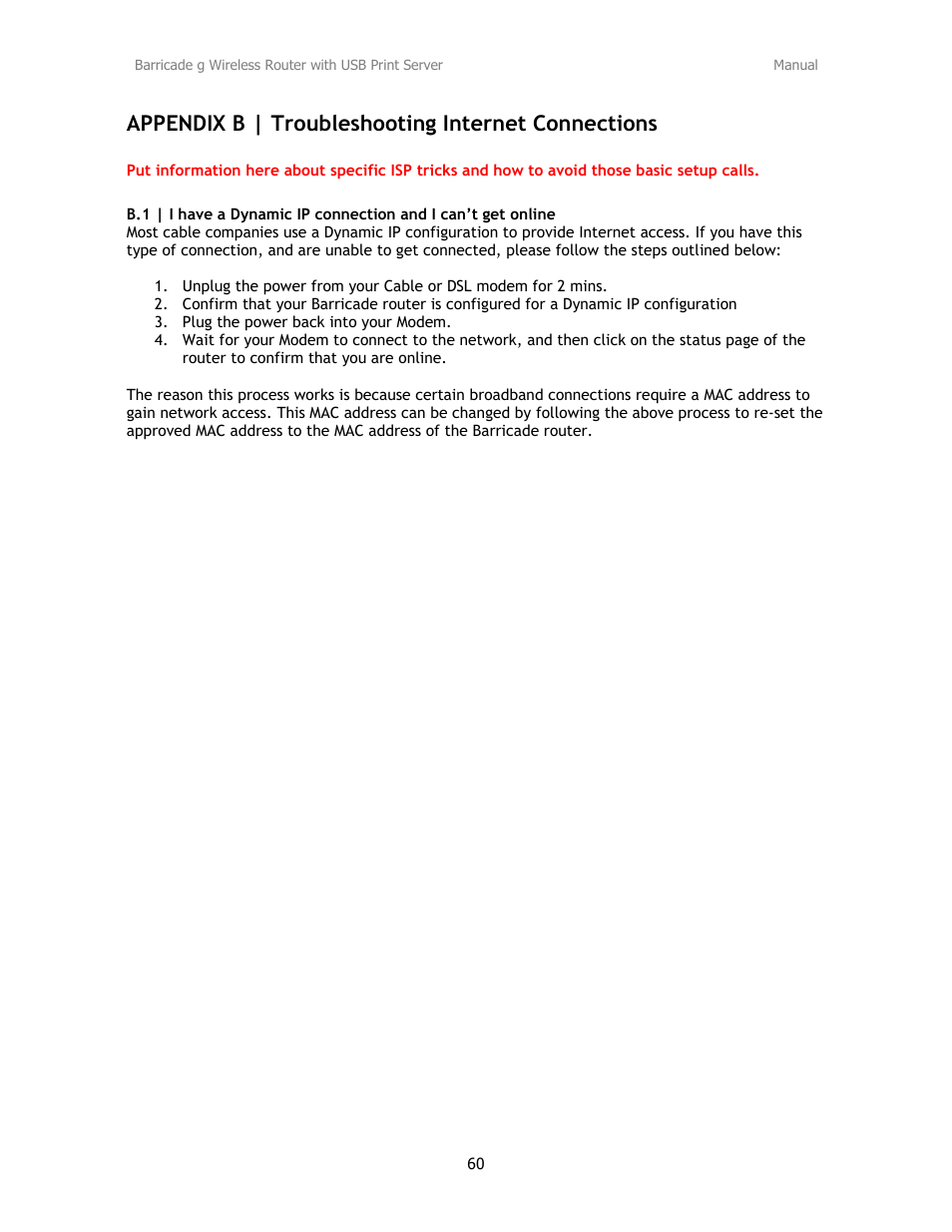 Appendix b | troubleshooting internet connections | SMC Networks Barricade SMC2804WBRP-G User Manual | Page 60 / 70