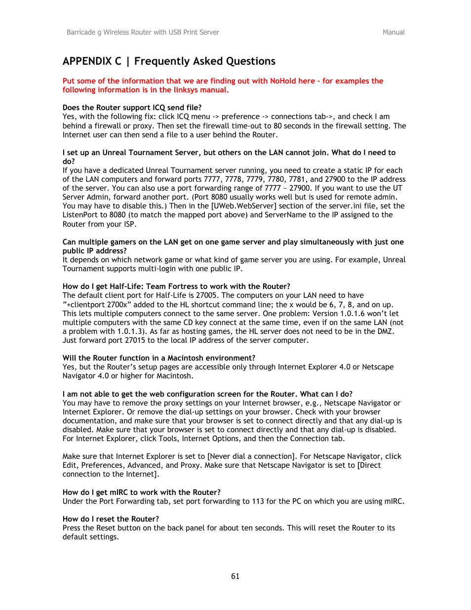 Appendix c | frequently asked questions | SMC Networks Barricade SMC2804WBRP-G User Manual | Page 61 / 70