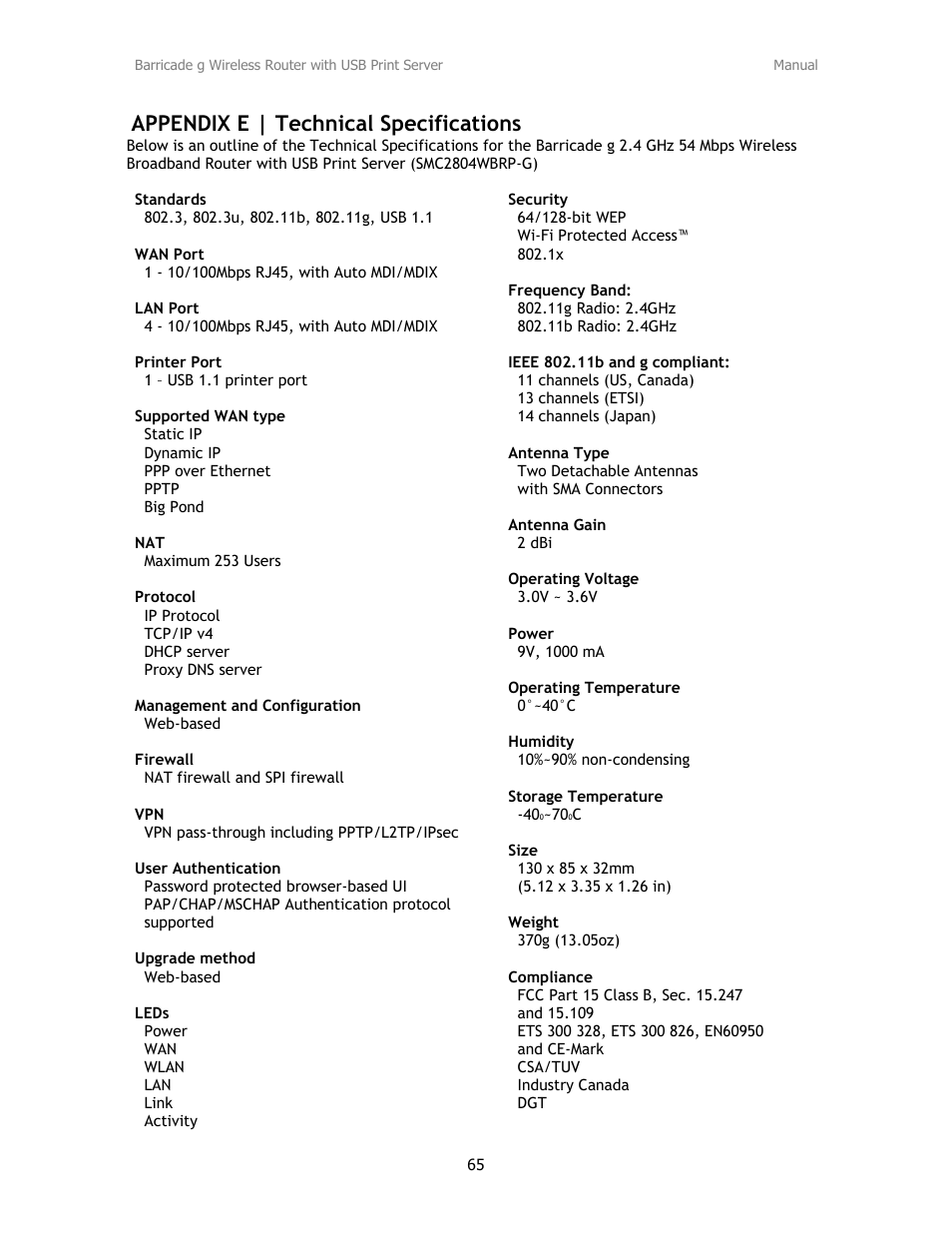 Appendix e | technical specifications | SMC Networks Barricade SMC2804WBRP-G User Manual | Page 65 / 70