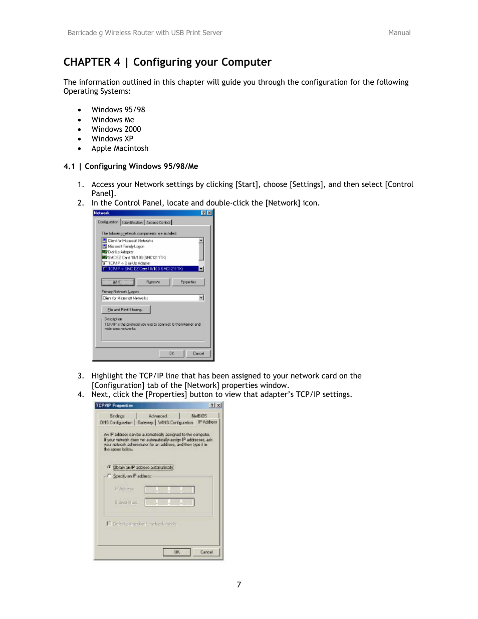 Chapter 4 | configuring your computer | SMC Networks Barricade SMC2804WBRP-G User Manual | Page 7 / 70