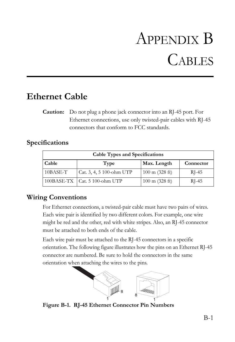 Appendix b cables, Ethernet cable, Specifications | Wiring conventions, Ppendix, Ables | SMC Networks SMC7404WBRA User Manual | Page 127 / 136