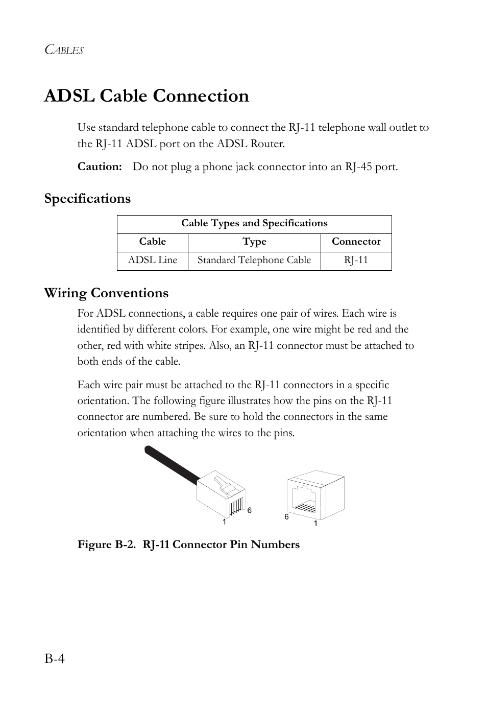 Adsl cable connection, Specifications, Wiring conventions | Specifications wiring conventions | SMC Networks SMC7404WBRA User Manual | Page 130 / 136