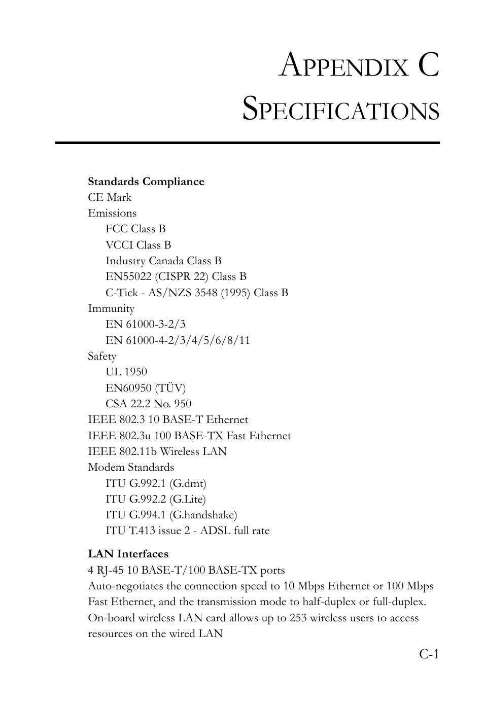 Appendix c specifications, Ppendix, Pecifications | SMC Networks SMC7404WBRA User Manual | Page 133 / 136