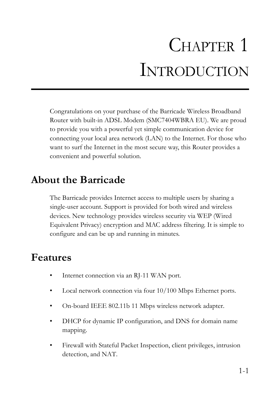 Chapter 1 introduction, About the barricade, Features | Hapter, Ntroduction | SMC Networks SMC7404WBRA User Manual | Page 15 / 136