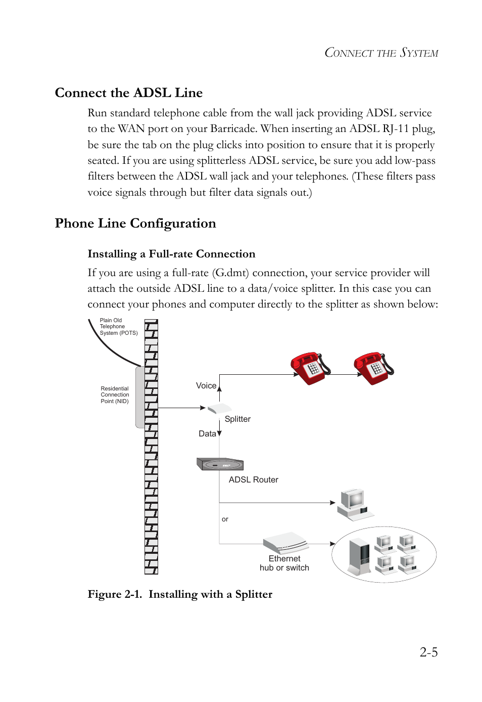 Connect the adsl line, Phone line configuration, 5 connect the adsl line | SMC Networks SMC7404WBRA User Manual | Page 23 / 136