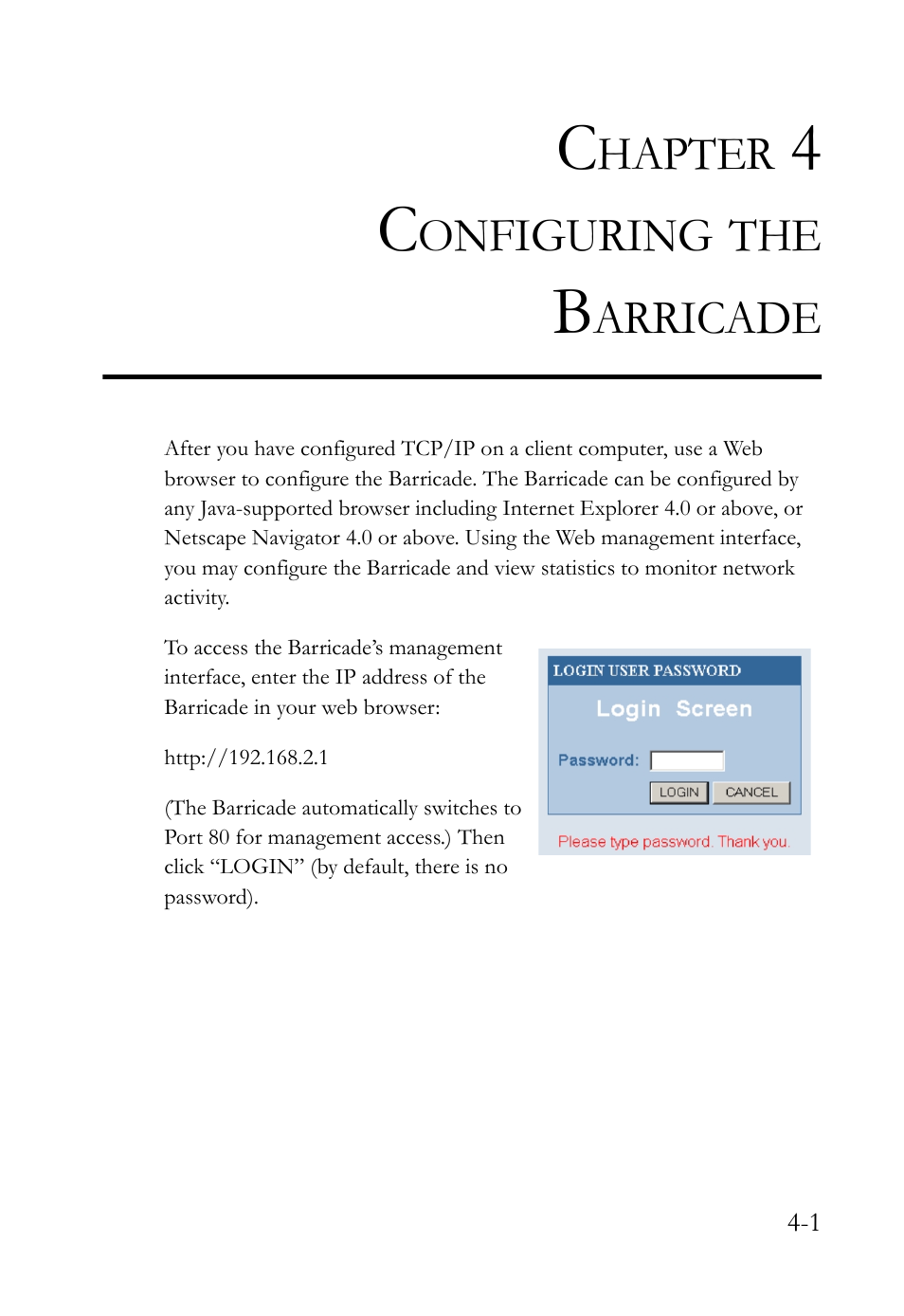 Chapter 4 configuring the barricade | SMC Networks SMC7404WBRA User Manual | Page 29 / 136