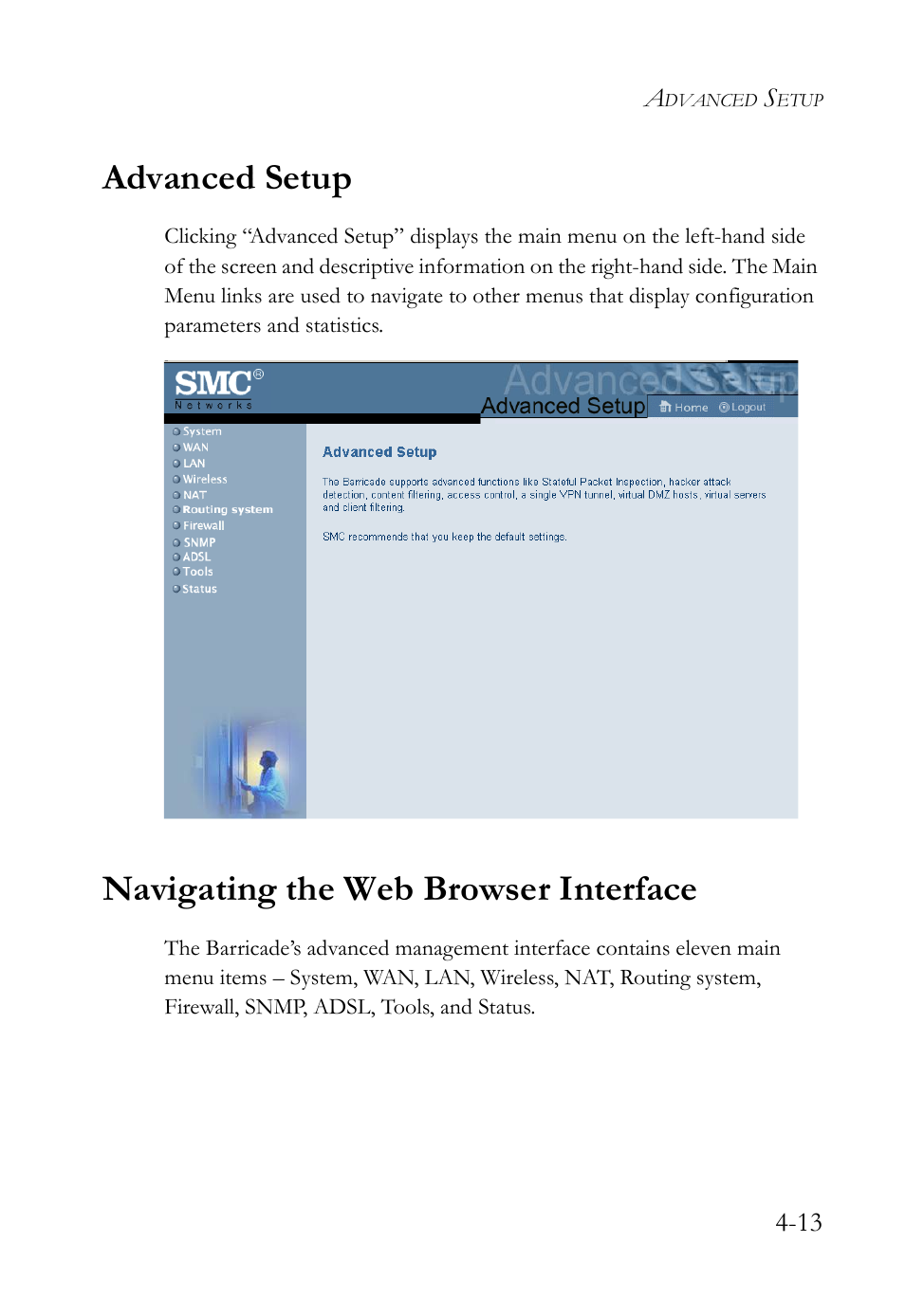 Advanced setup, Navigating the web browser interface | SMC Networks SMC7404WBRA User Manual | Page 41 / 136