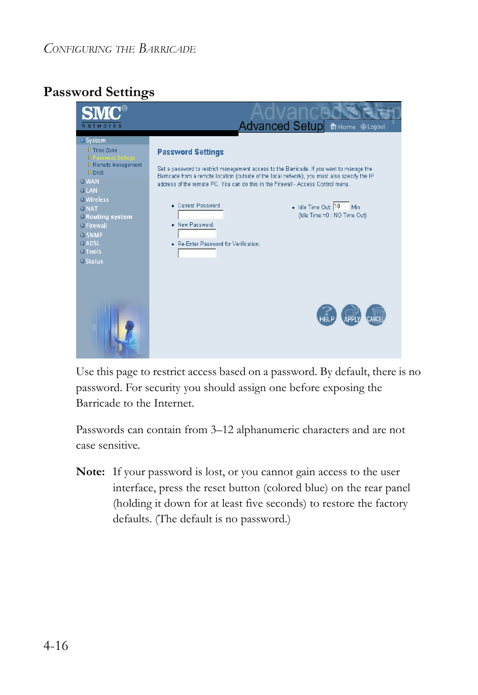 Password settings, 16 password settings | SMC Networks SMC7404WBRA User Manual | Page 44 / 136