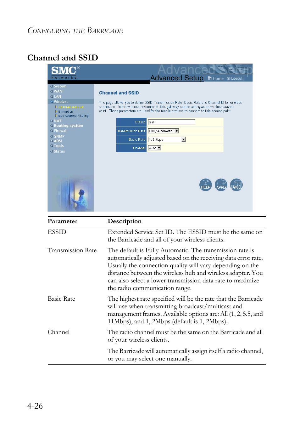 Channel and ssid, 26 channel and ssid | SMC Networks SMC7404WBRA User Manual | Page 54 / 136