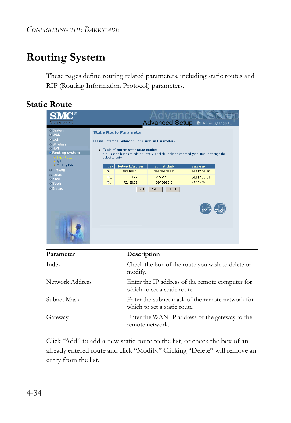 Routing system, Static route | SMC Networks SMC7404WBRA User Manual | Page 62 / 136