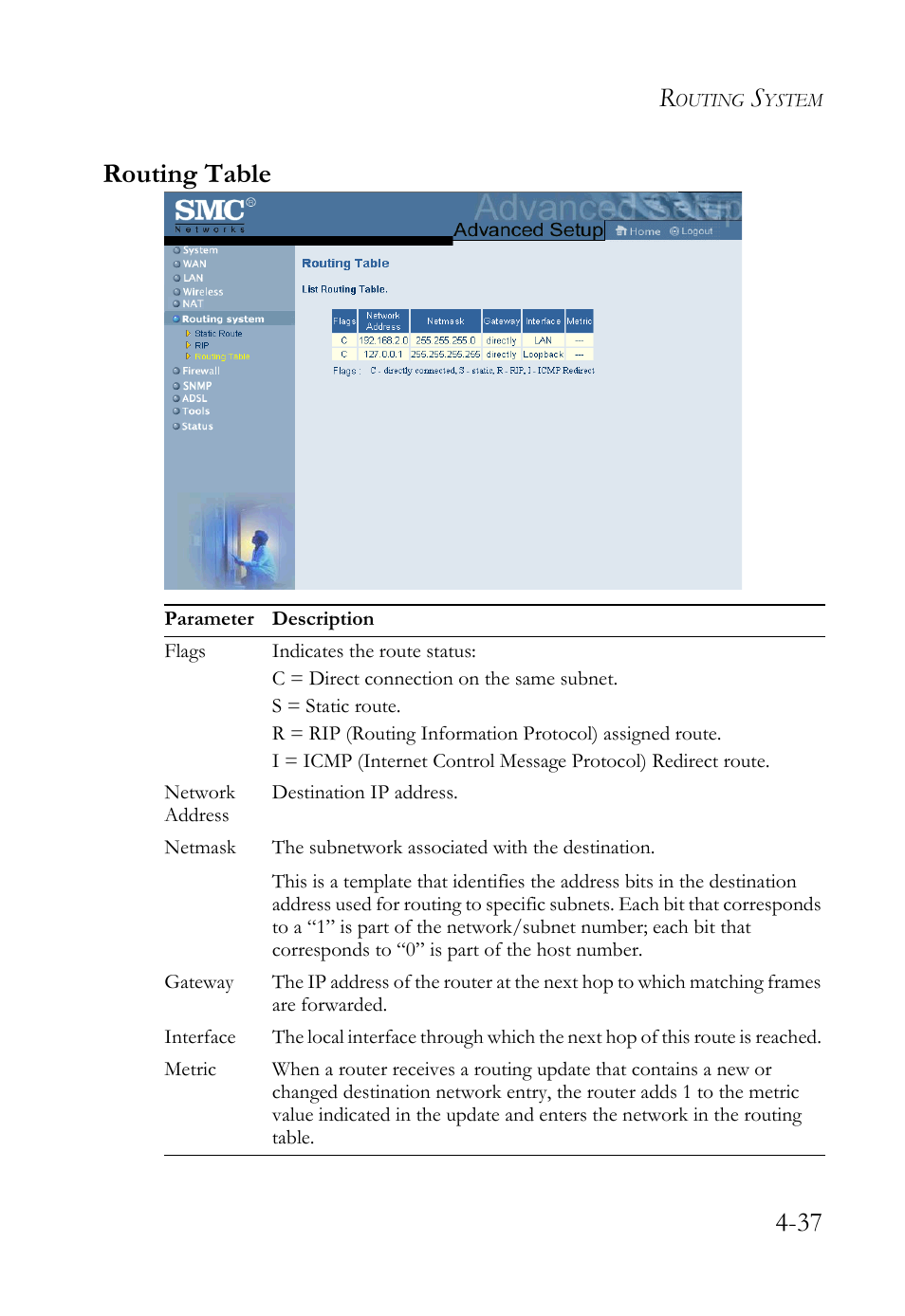 Routing table, 37 routing table | SMC Networks SMC7404WBRA User Manual | Page 65 / 136