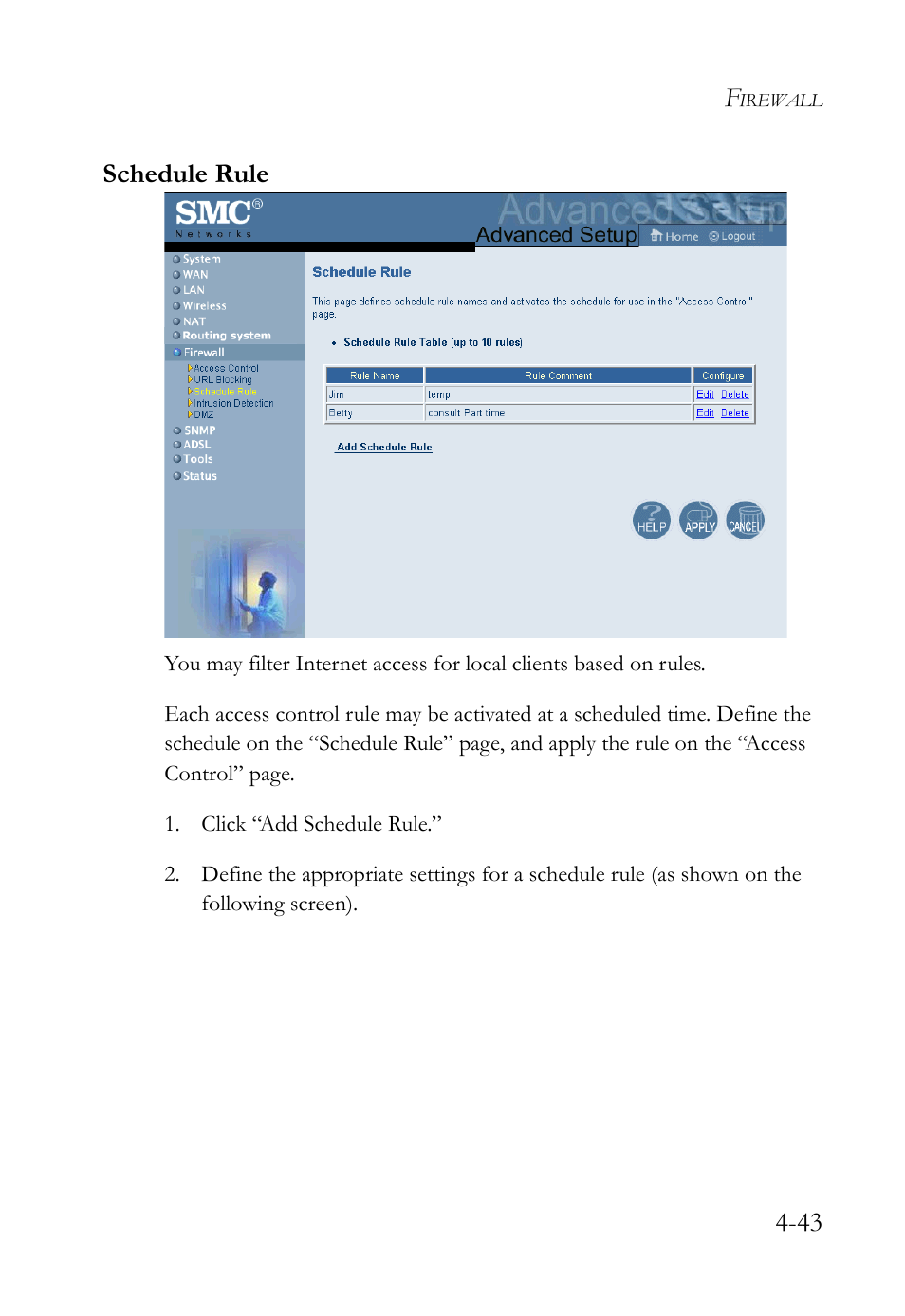 Schedule rule, 43 schedule rule | SMC Networks SMC7404WBRA User Manual | Page 71 / 136