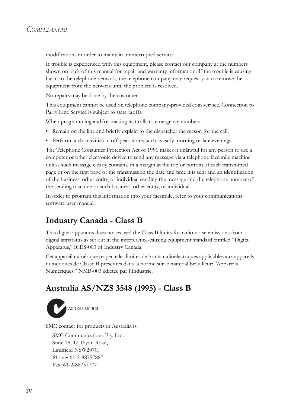 Industry canada - class b | SMC Networks SMC7404WBRA User Manual | Page 8 / 136