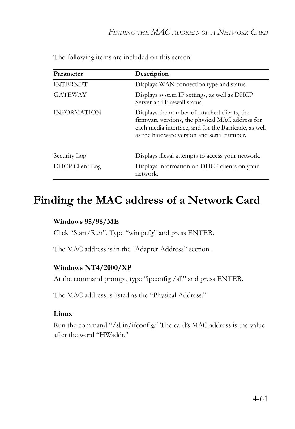 Finding the mac address of a network card | SMC Networks SMC7404WBRA User Manual | Page 89 / 136