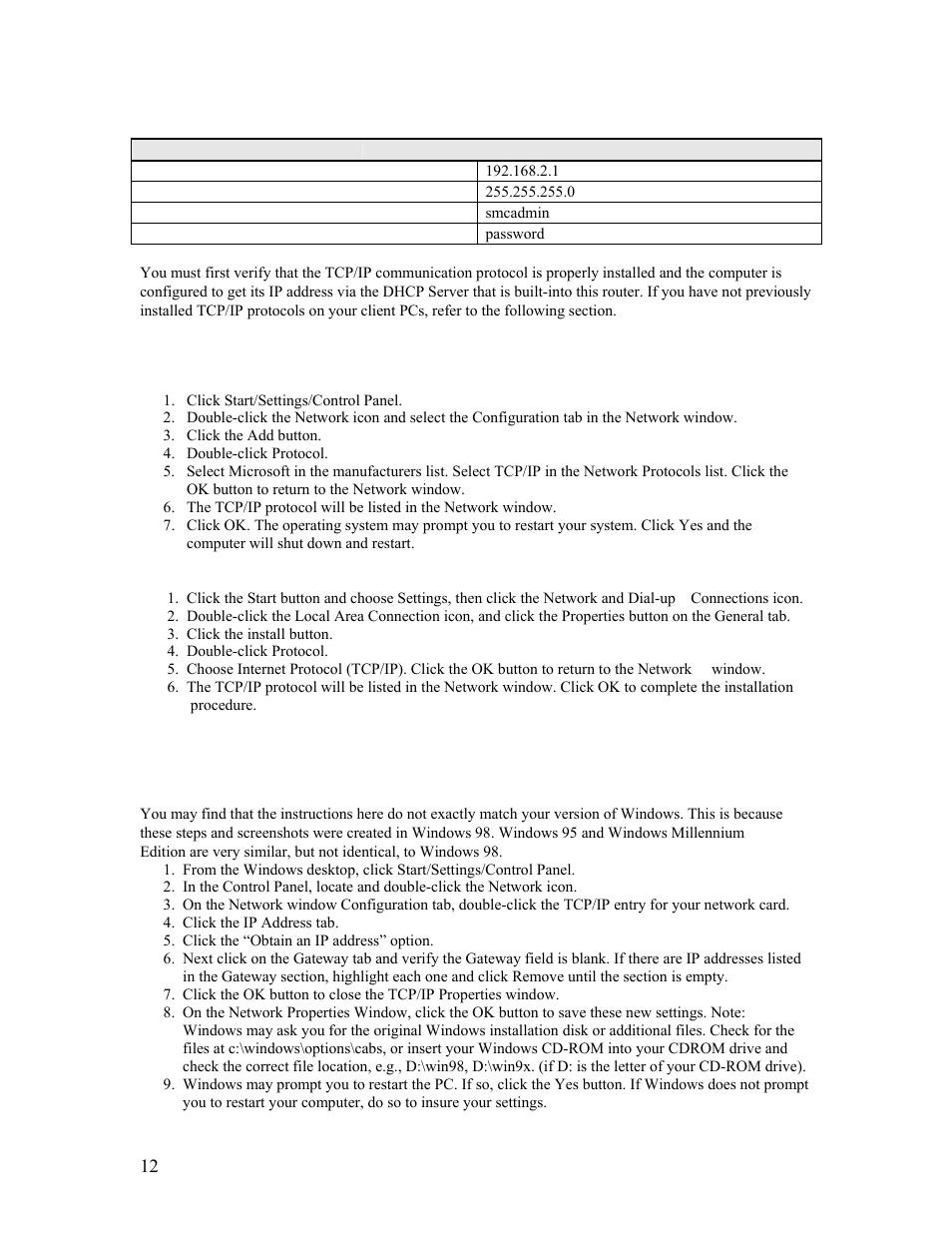 6 | network settings and software installation, 1 installing tcp/ip, 2 | setting up tcp/ip | 6 | network settings and software installation 12, 1 | installing tcp/ip | SMC Networks Barricade SMCBR14UP User Manual | Page 12 / 77