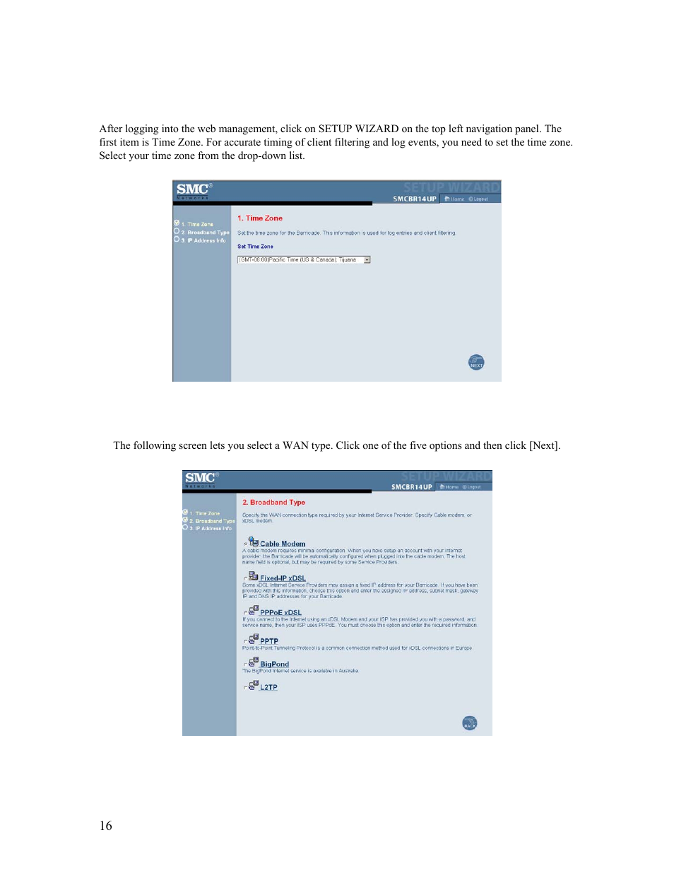 3 | setup wizard, 1 time zone, 2 broadband type | 1 | time zone, 2 | broadband type | SMC Networks Barricade SMCBR14UP User Manual | Page 16 / 77