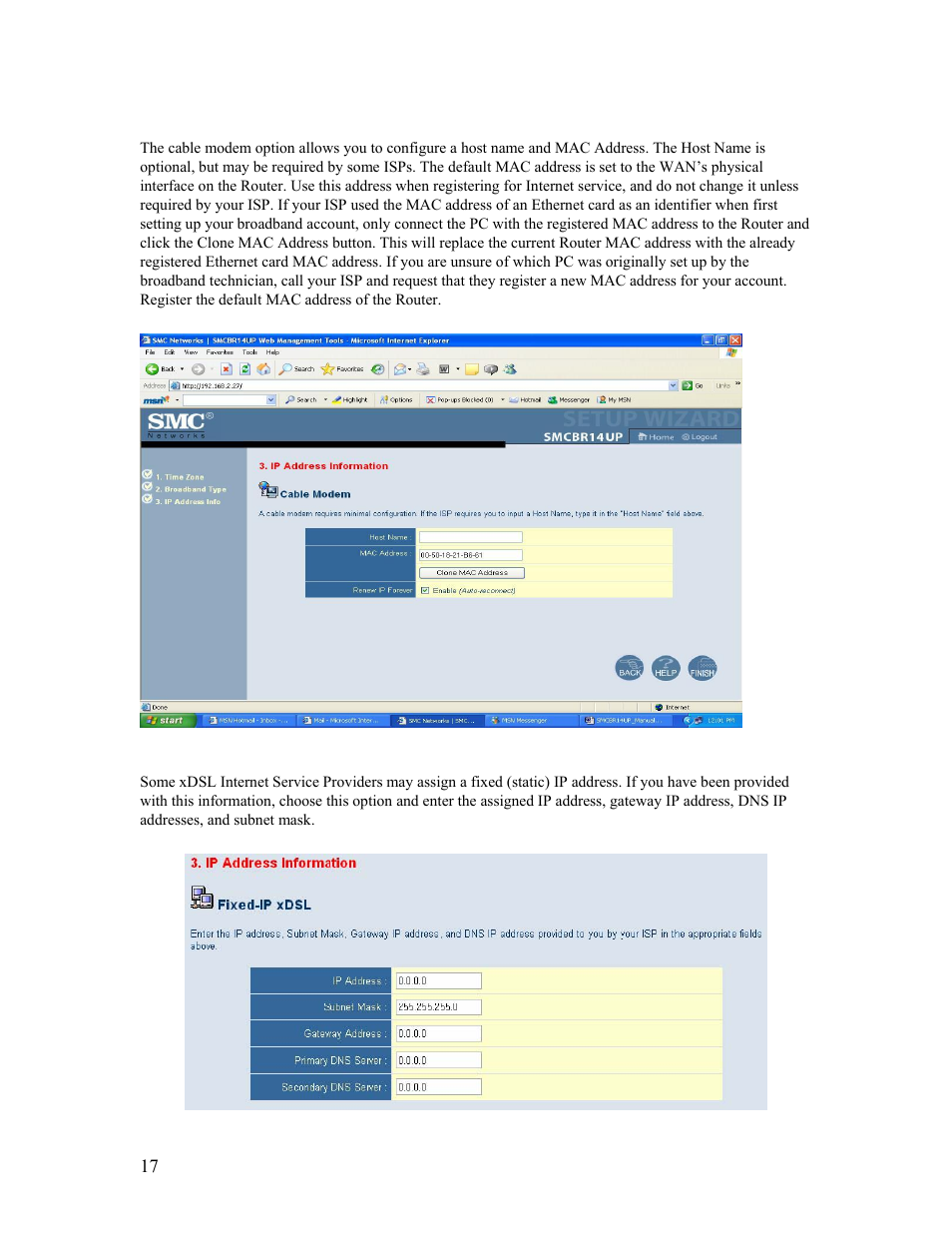 Cable modem, Fixed-ip xdsl, 4 | cable modem 17 | 5 | fixed-ip xdsl | SMC Networks Barricade SMCBR14UP User Manual | Page 17 / 77