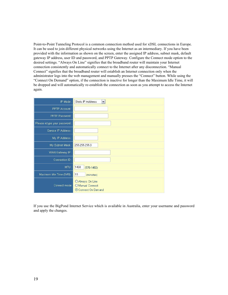 Pptp, Bigpond, 7 | pptp 19 | 8 | bigpond | SMC Networks Barricade SMCBR14UP User Manual | Page 19 / 77