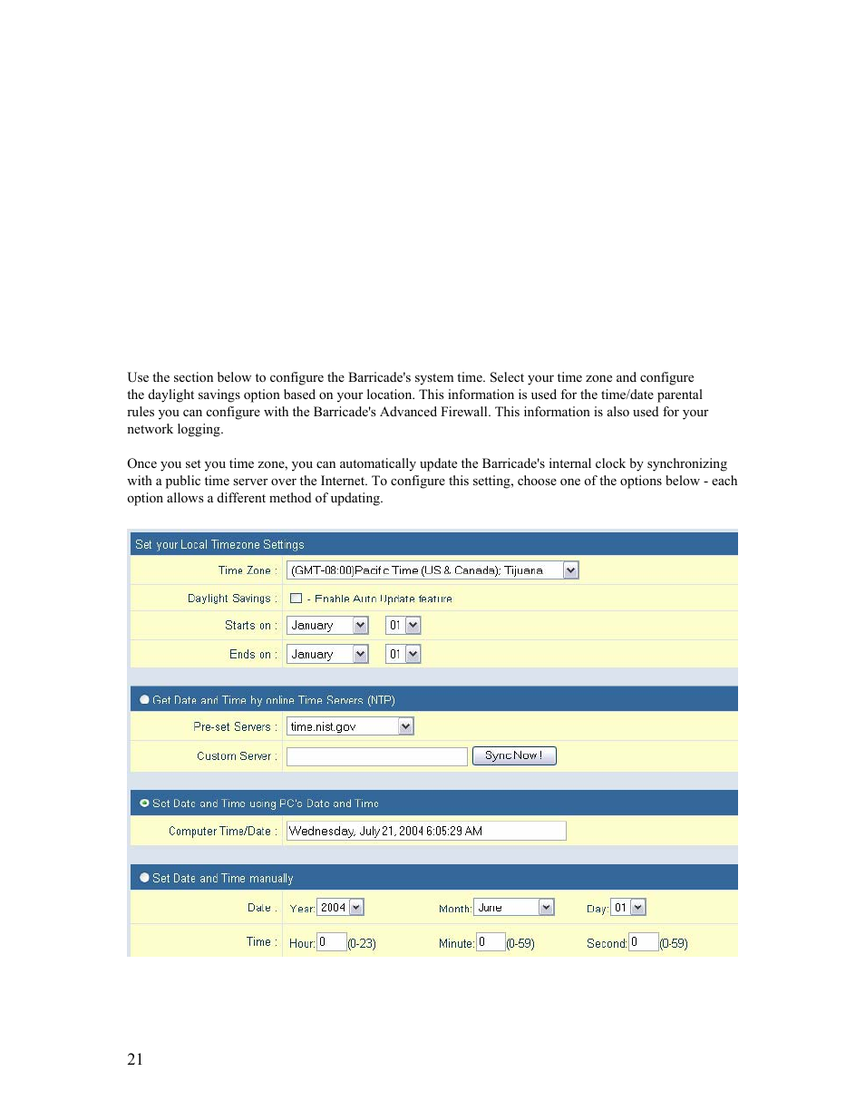 4 | advanced setup – system, 1 time zone, 1 | time zone | SMC Networks Barricade SMCBR14UP User Manual | Page 21 / 77