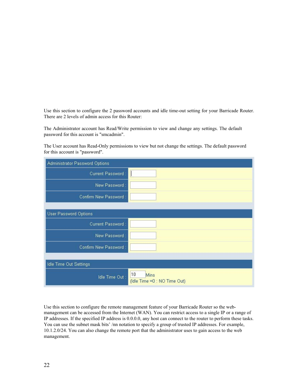 2 password settings, 3 remote management, 2 | password settings | 3 | remote management | SMC Networks Barricade SMCBR14UP User Manual | Page 22 / 77