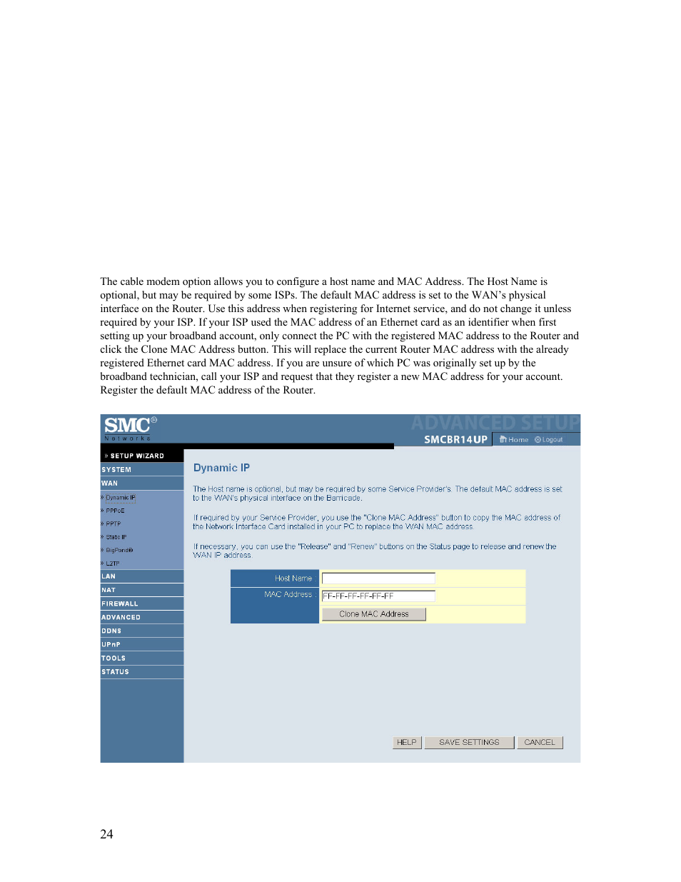 5 | advanced setup - wan, 1 dynamic ip, 1 | dynamic ip | SMC Networks Barricade SMCBR14UP User Manual | Page 24 / 77