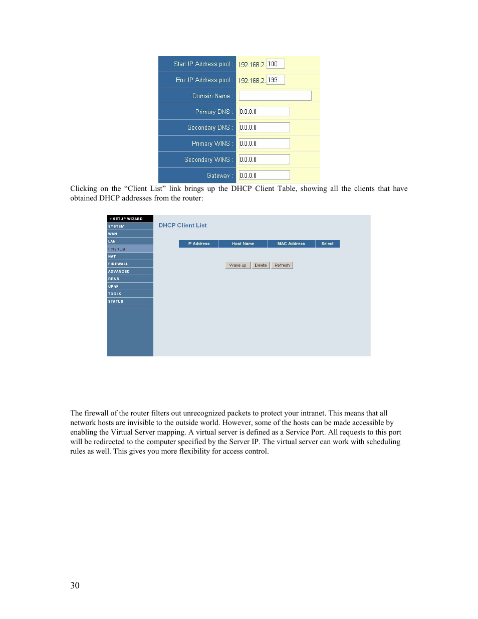 1 | virtual server, 7 | advanced setup - nat, 8 | advanced setup - firewall | SMC Networks Barricade SMCBR14UP User Manual | Page 30 / 77