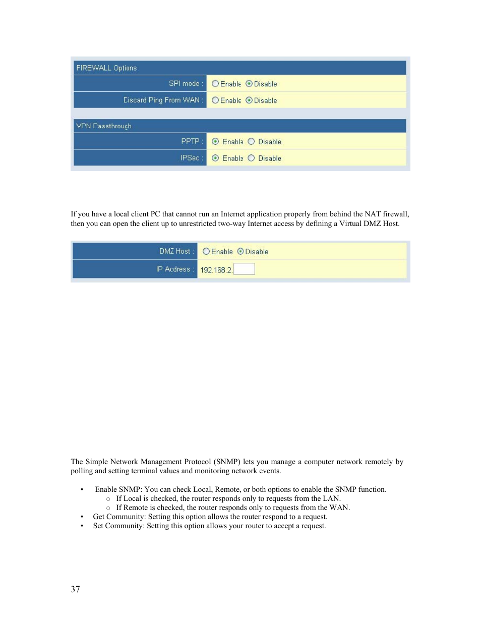 6 | dmz, 9 | advanced setup - snmp | SMC Networks Barricade SMCBR14UP User Manual | Page 37 / 77