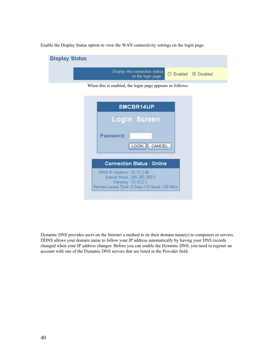 12 | advanced setup – display status, 13 | ddns (dynamic dns) | SMC Networks Barricade SMCBR14UP User Manual | Page 40 / 77