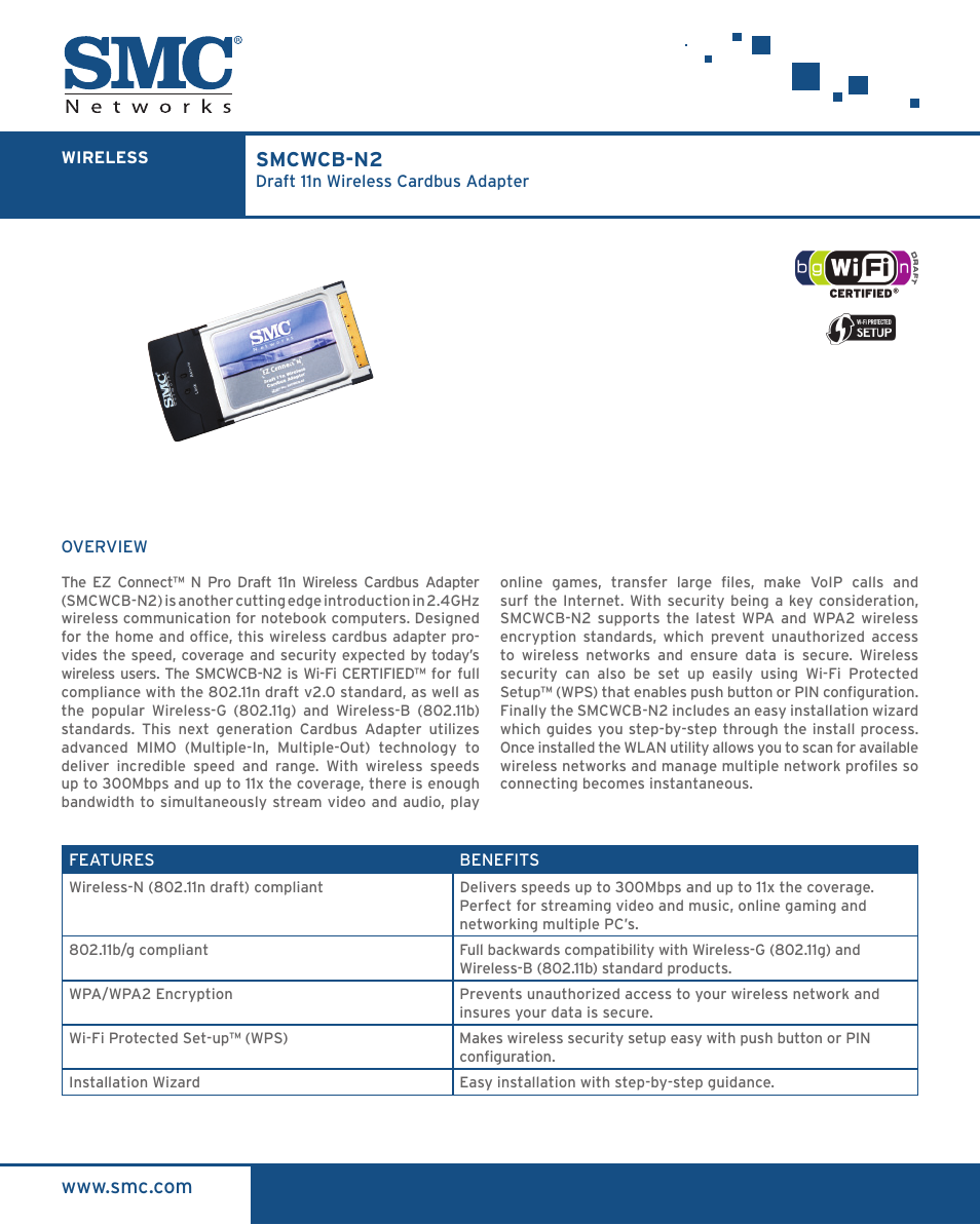 SMC Networks SMC EZ Connect N Pro Draft 11n Wireless CardBus Adapter SMCWCB-N2 User Manual | 2 pages