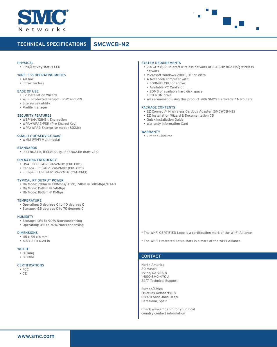 Smcwcb-n2, Technical specifications | SMC Networks SMC EZ Connect N Pro Draft 11n Wireless CardBus Adapter SMCWCB-N2 User Manual | Page 2 / 2