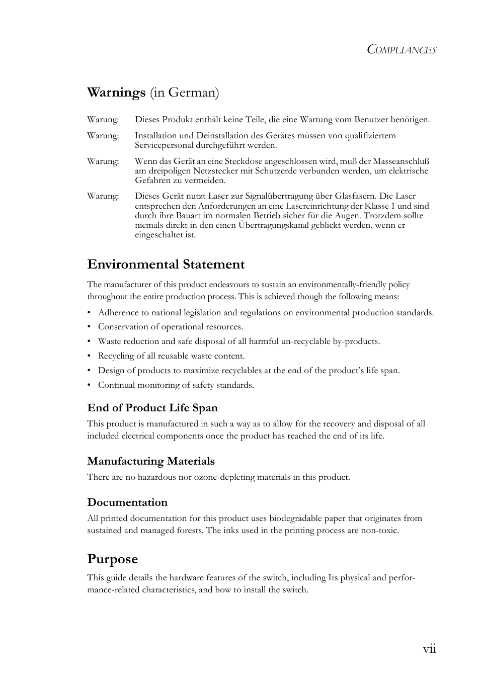 Vii warnings (in german) environmental statement, Purpose | SMC Networks SMC TigerStack III SMC6826MPE User Manual | Page 13 / 94