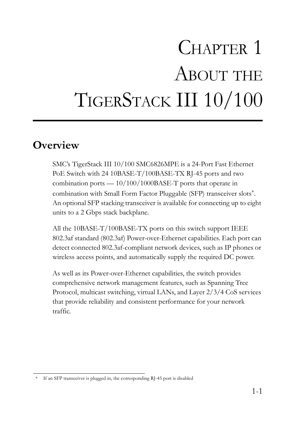 Chapter 1 about the tigerstack iii 10/100, Overview, About the tigerstack iii 10/100 -1 | Overview -1, Hapter, Bout, Iger, Tack | SMC Networks SMC TigerStack III SMC6826MPE User Manual | Page 21 / 94