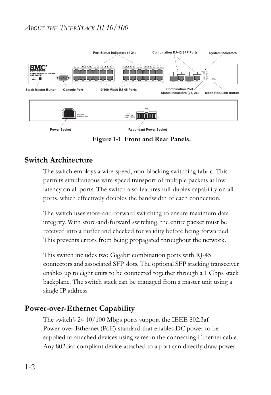 Switch architecture, Power-over-ethernet capability, Network management options -3 | Description of hardware -4, Figure 1-1, Front and rear panels -2, Figure 1-1 front and rear panels, Bout, Iger, Tack | SMC Networks SMC TigerStack III SMC6826MPE User Manual | Page 22 / 94