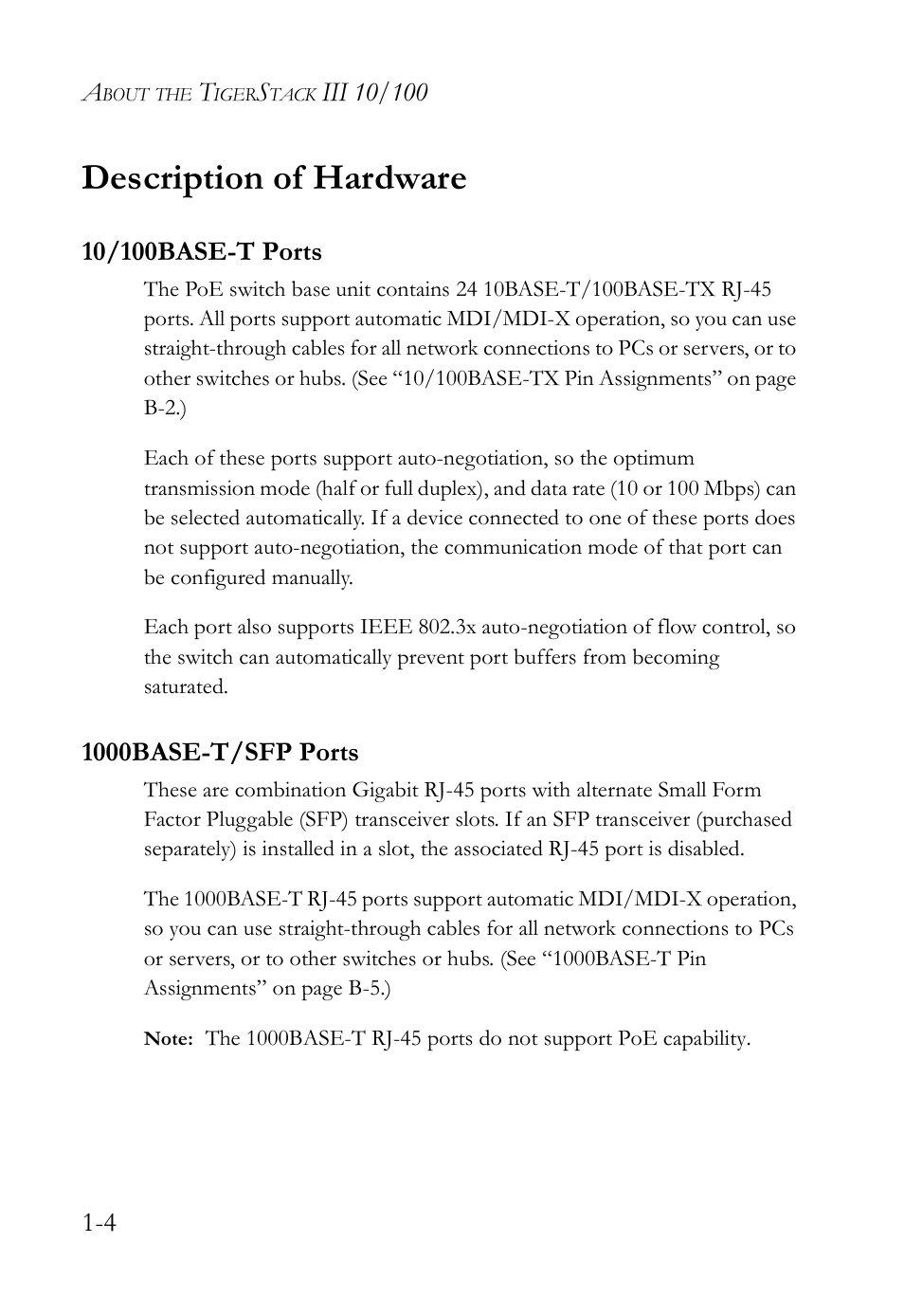 Description of hardware, 10/100base-t ports, 1000base-t/sfp ports | SMC Networks SMC TigerStack III SMC6826MPE User Manual | Page 24 / 94