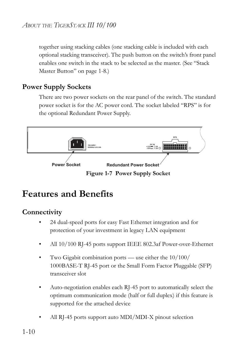 Power supply sockets, Features and benefits, Connectivity | Connectivity -10 expandability -11 performance -11, Figure 1-7, Power supply socket -10 | SMC Networks SMC TigerStack III SMC6826MPE User Manual | Page 30 / 94