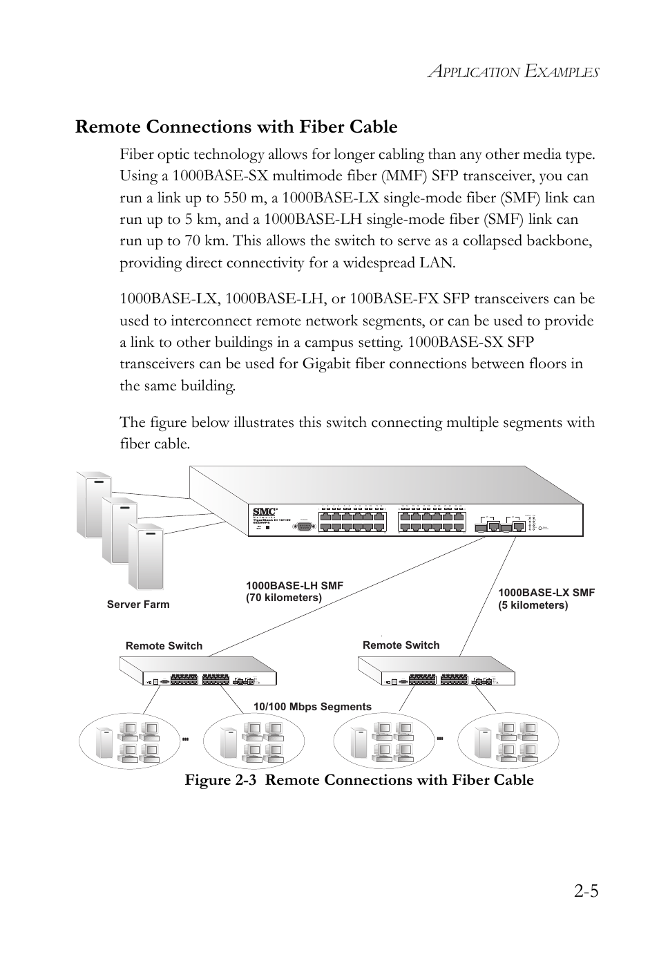 Remote connections with fiber cable, Ethernet cabling -2, Figure 2-3 | Remote connections with fiber cable -5, 5 remote connections with fiber cable, Pplication, Xamples | SMC Networks SMC TigerStack III SMC6826MPE User Manual | Page 37 / 94