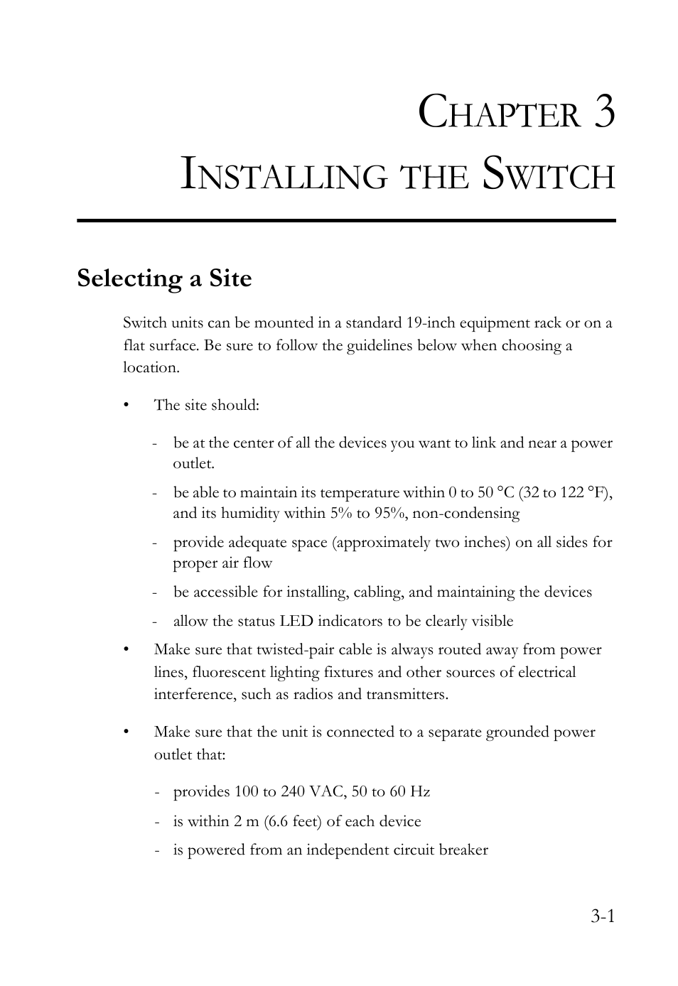 Chapter 3 installing the switch, Selecting a site, Mounting -4 | Rack mounting -4, Hapter, Nstalling, Witch | SMC Networks SMC TigerStack III SMC6826MPE User Manual | Page 41 / 94