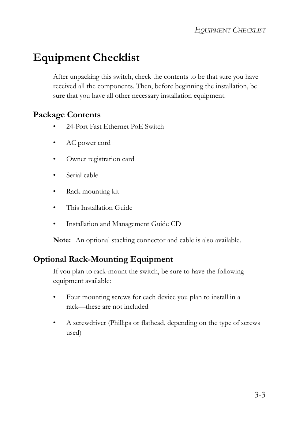 Equipment checklist, Package contents, Optional rack-mounting equipment | SMC Networks SMC TigerStack III SMC6826MPE User Manual | Page 43 / 94