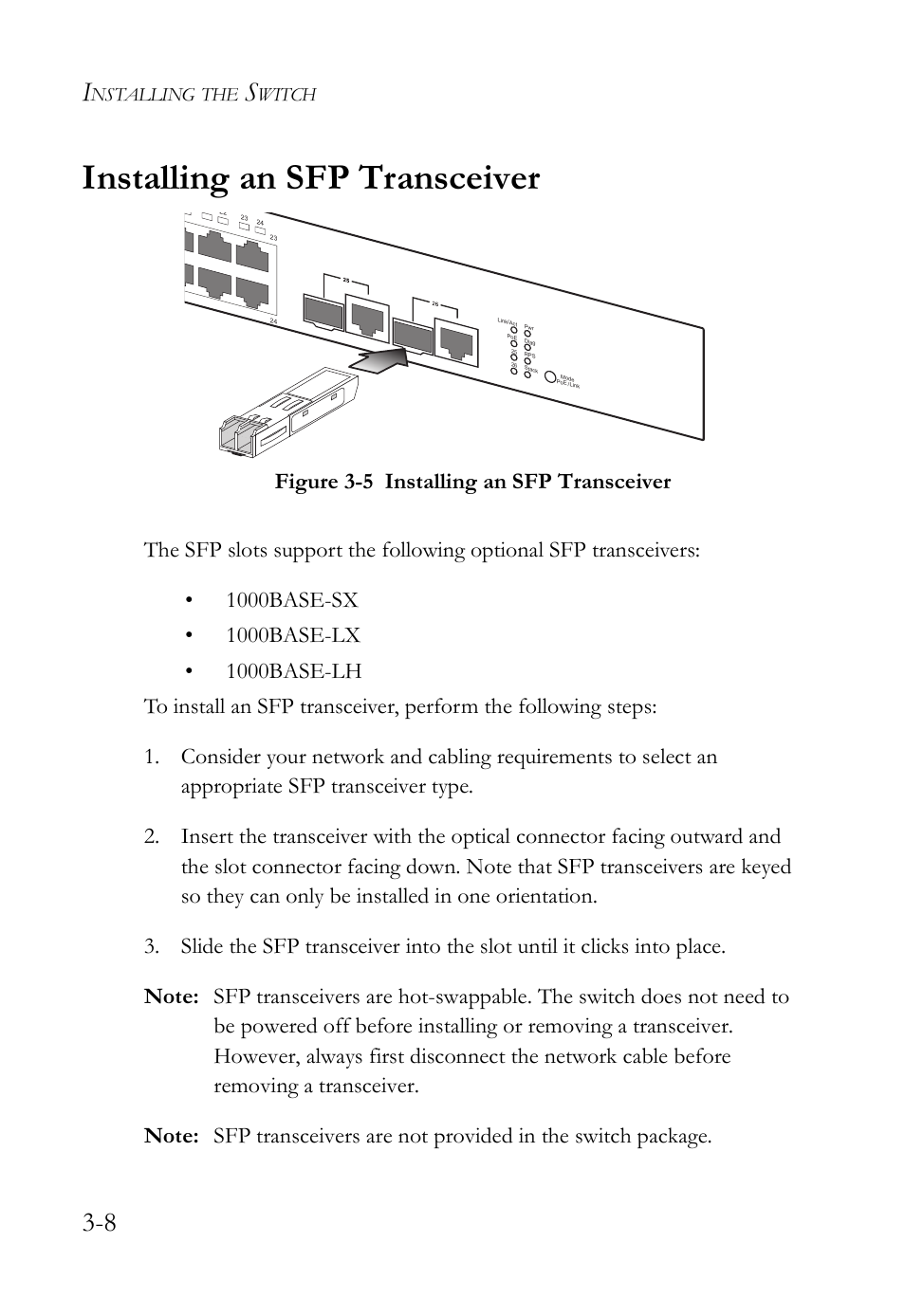 Installing an sfp transceiver, Making network connections -1, Figure 3-5 | Installing an sfp transceiver -8 | SMC Networks SMC TigerStack III SMC6826MPE User Manual | Page 48 / 94
