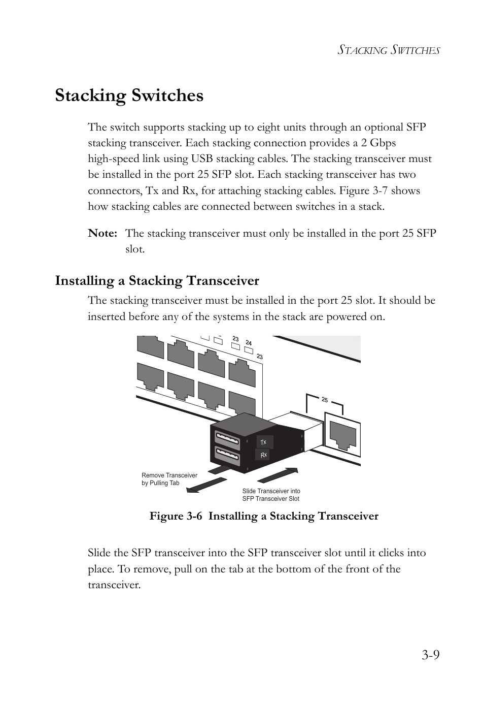 Stacking switches, Installing a stacking transceiver, Connecting network devices -1 | Figure 3-6, Installing a stacking transceiver -9 | SMC Networks SMC TigerStack III SMC6826MPE User Manual | Page 49 / 94